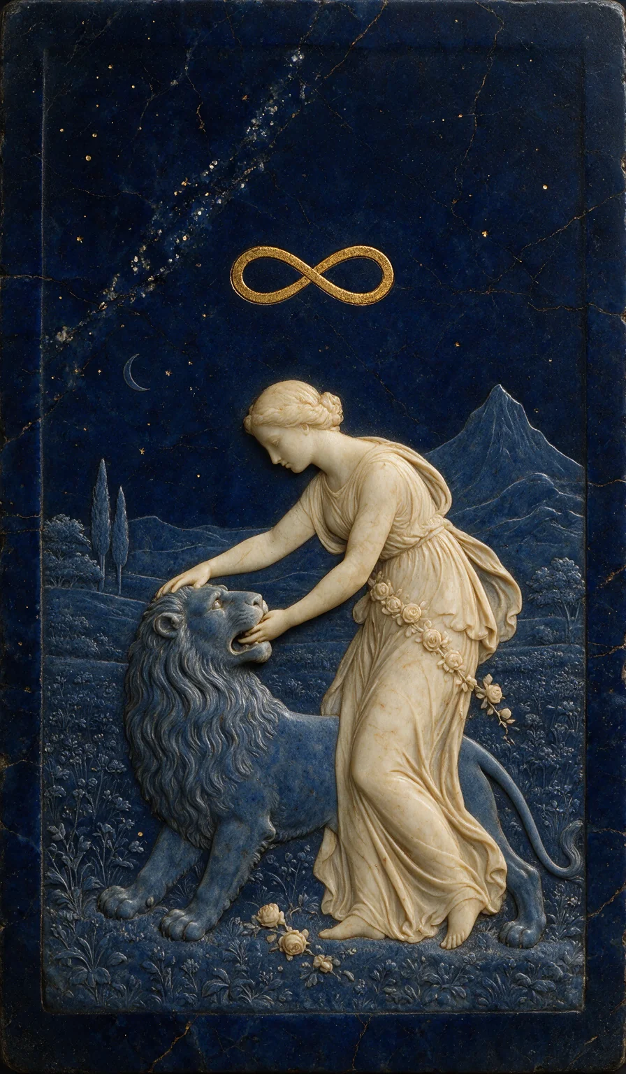 Strength, from the Olivia Arcana deck: carved ivory on lapis lazuli