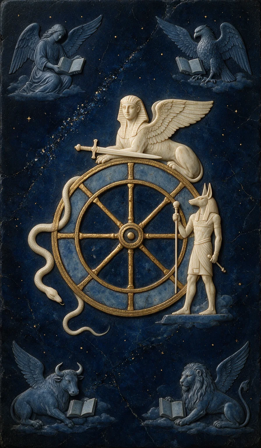 Wheel of Fortune, from the Olivia Arcana deck: carved ivory on lapis lazuli