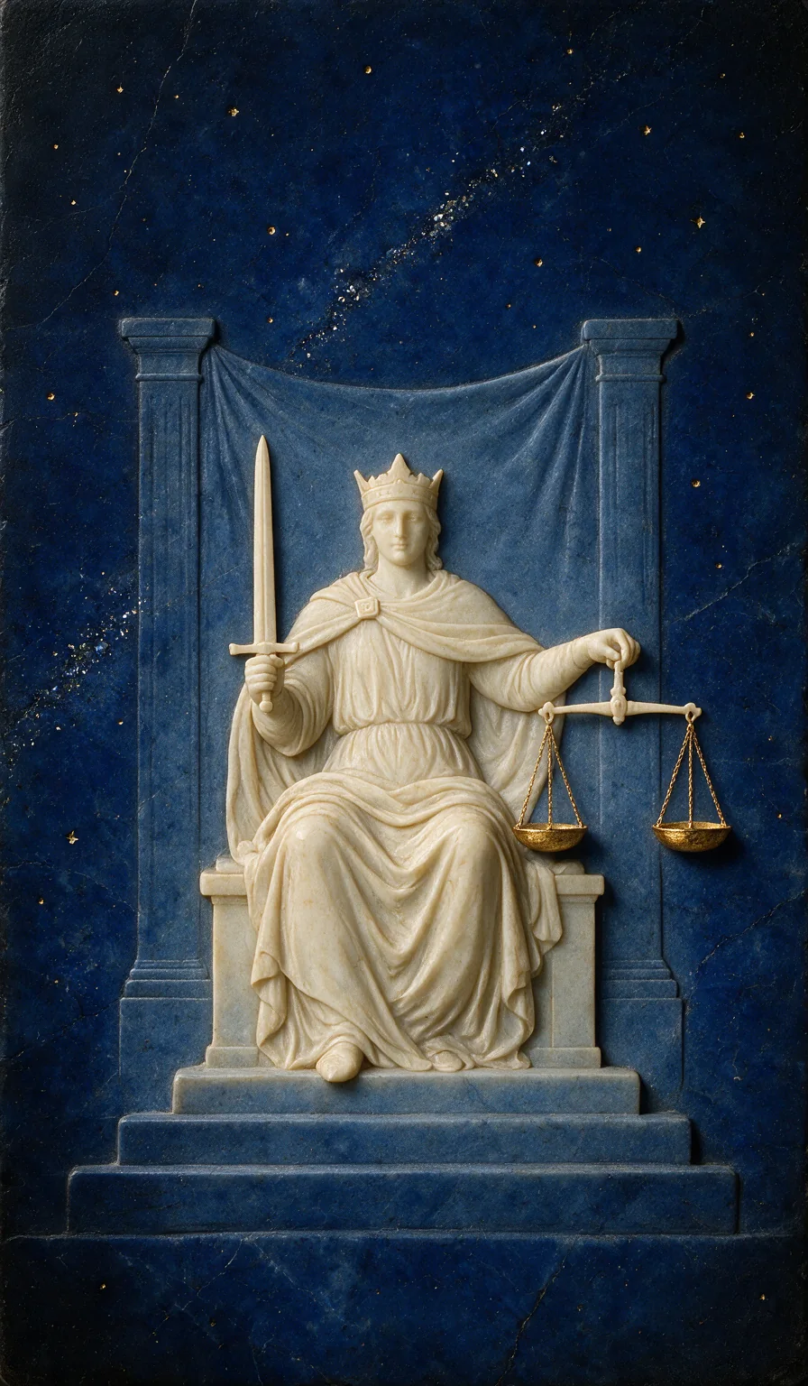 Justice, from the Olivia Arcana deck: carved ivory on lapis lazuli