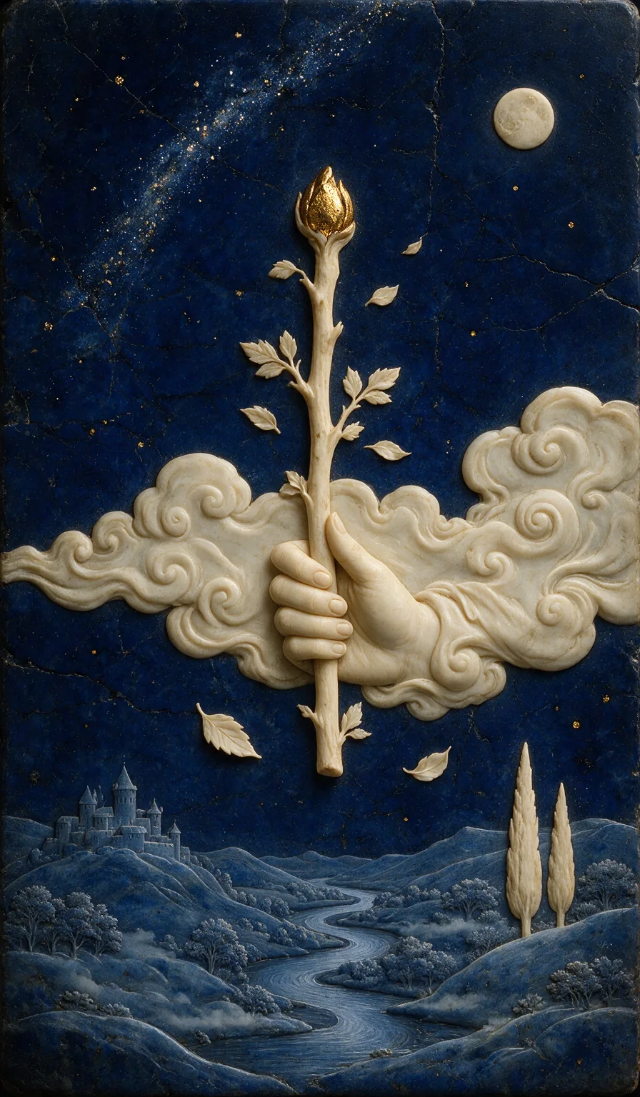 Ace of Wands, from the Olivia Arcana deck: carved ivory on lapis lazuli