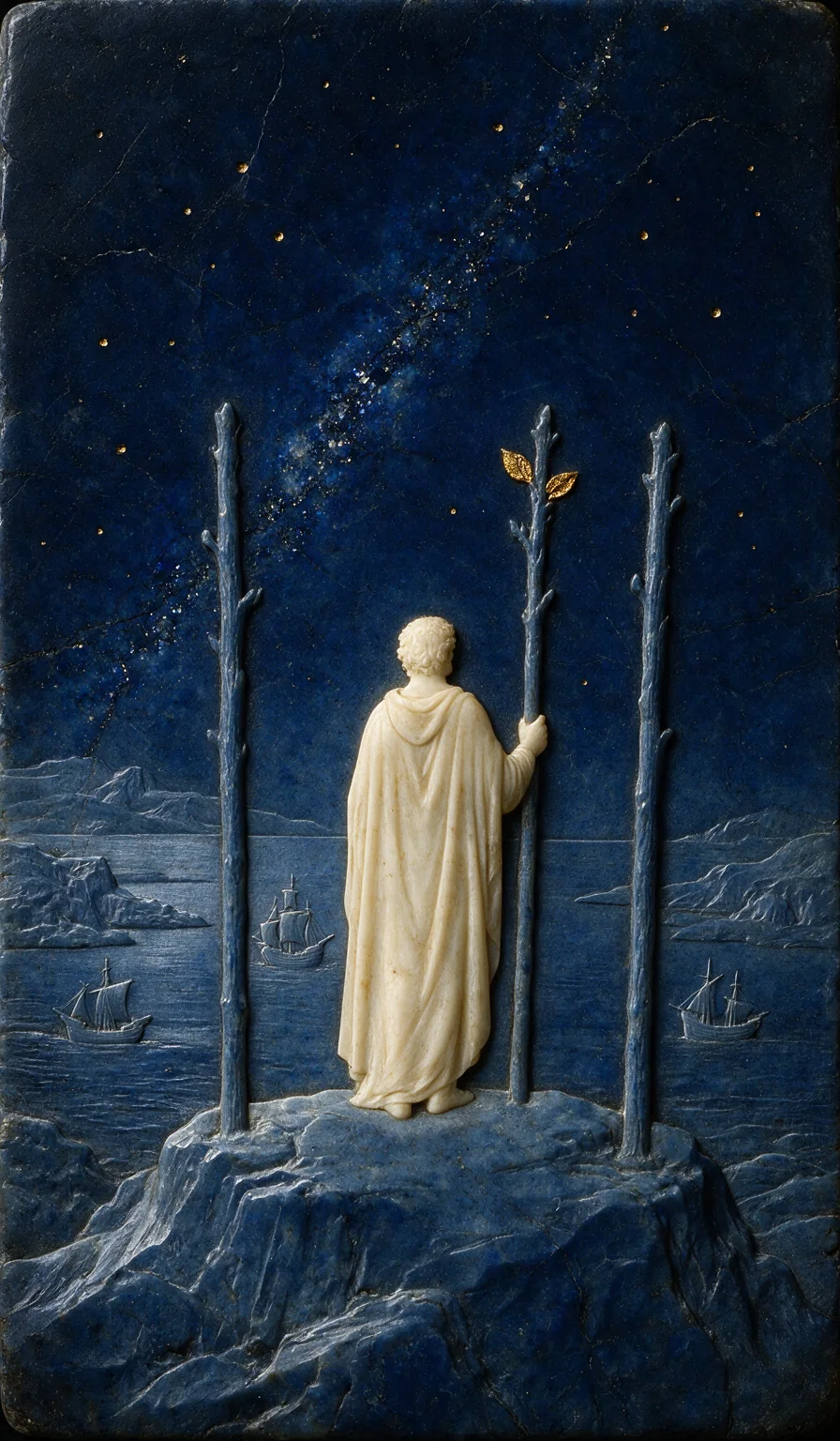 Three of Wands, from the Olivia Arcana deck: carved ivory on lapis lazuli