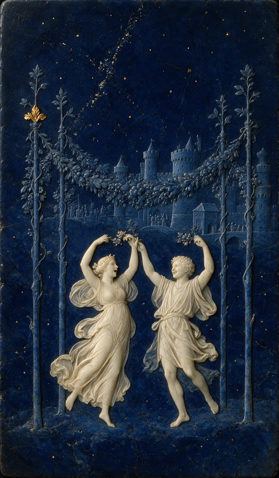 Four of Wands, from the Olivia Arcana deck: carved ivory on lapis lazuli