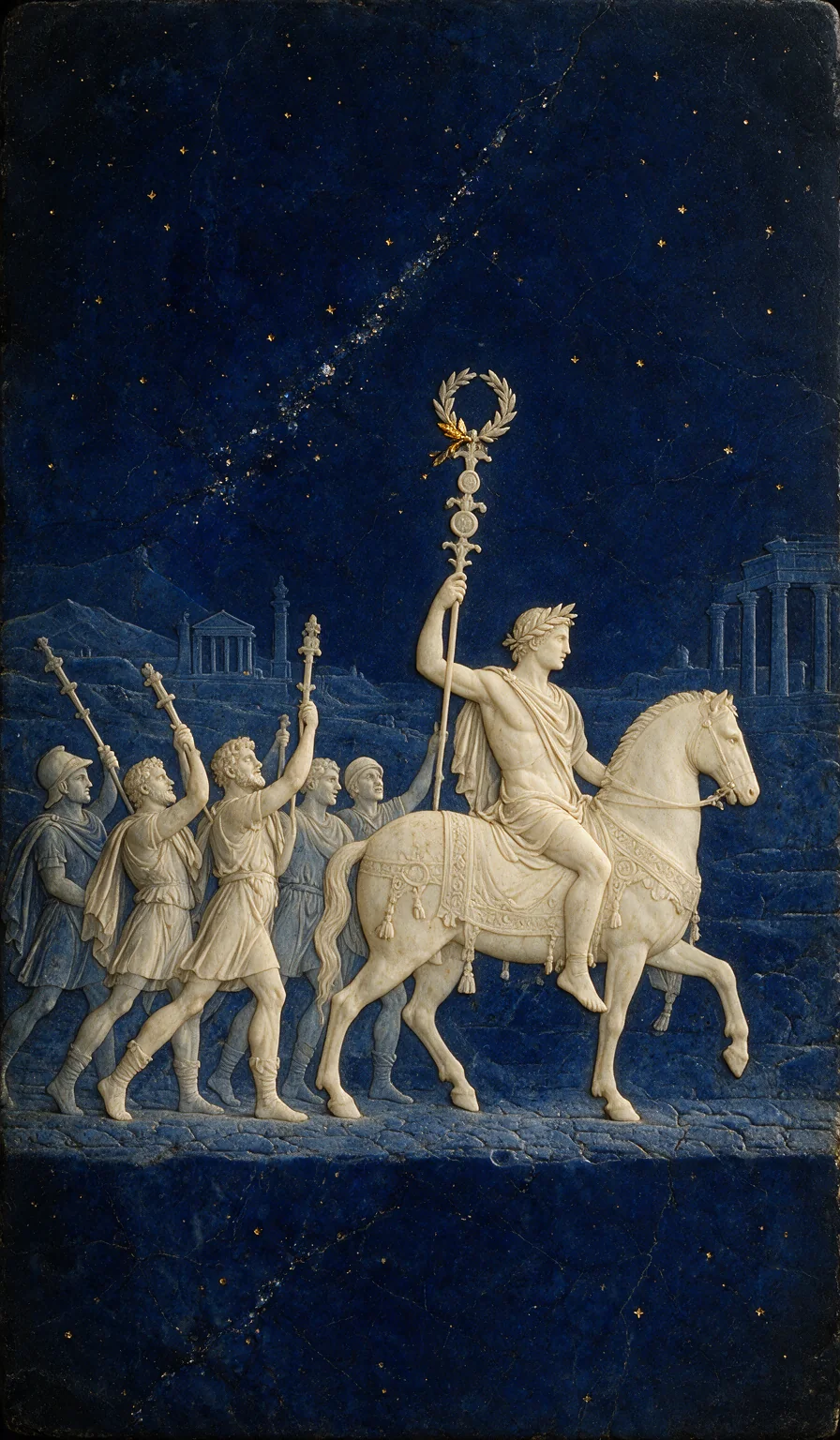 Six of Wands, from the Olivia Arcana deck: carved ivory on lapis lazuli