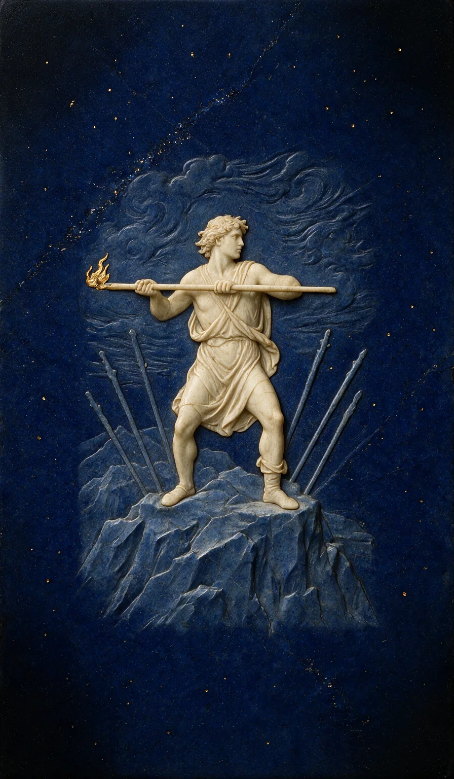 Seven of Wands, from the Olivia Arcana deck: carved ivory on lapis lazuli