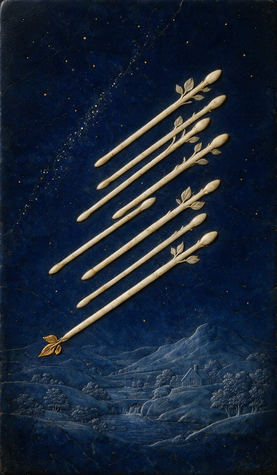 Eight of Wands, from the Olivia Arcana deck: carved ivory on lapis lazuli
