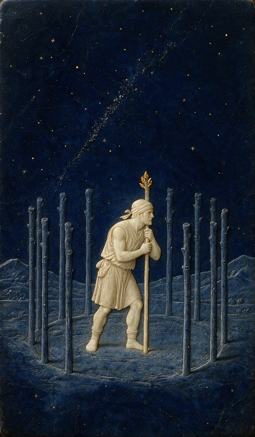 Nine of Wands, from the Olivia Arcana deck: carved ivory on lapis lazuli