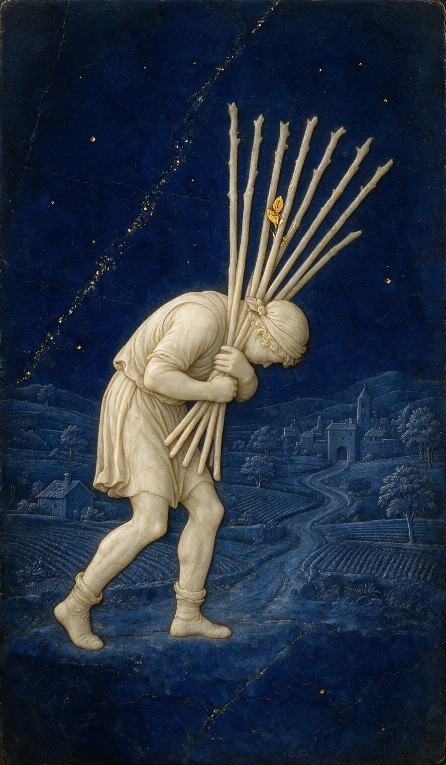 Ten of Wands, from the Olivia Arcana deck: carved ivory on lapis lazuli
