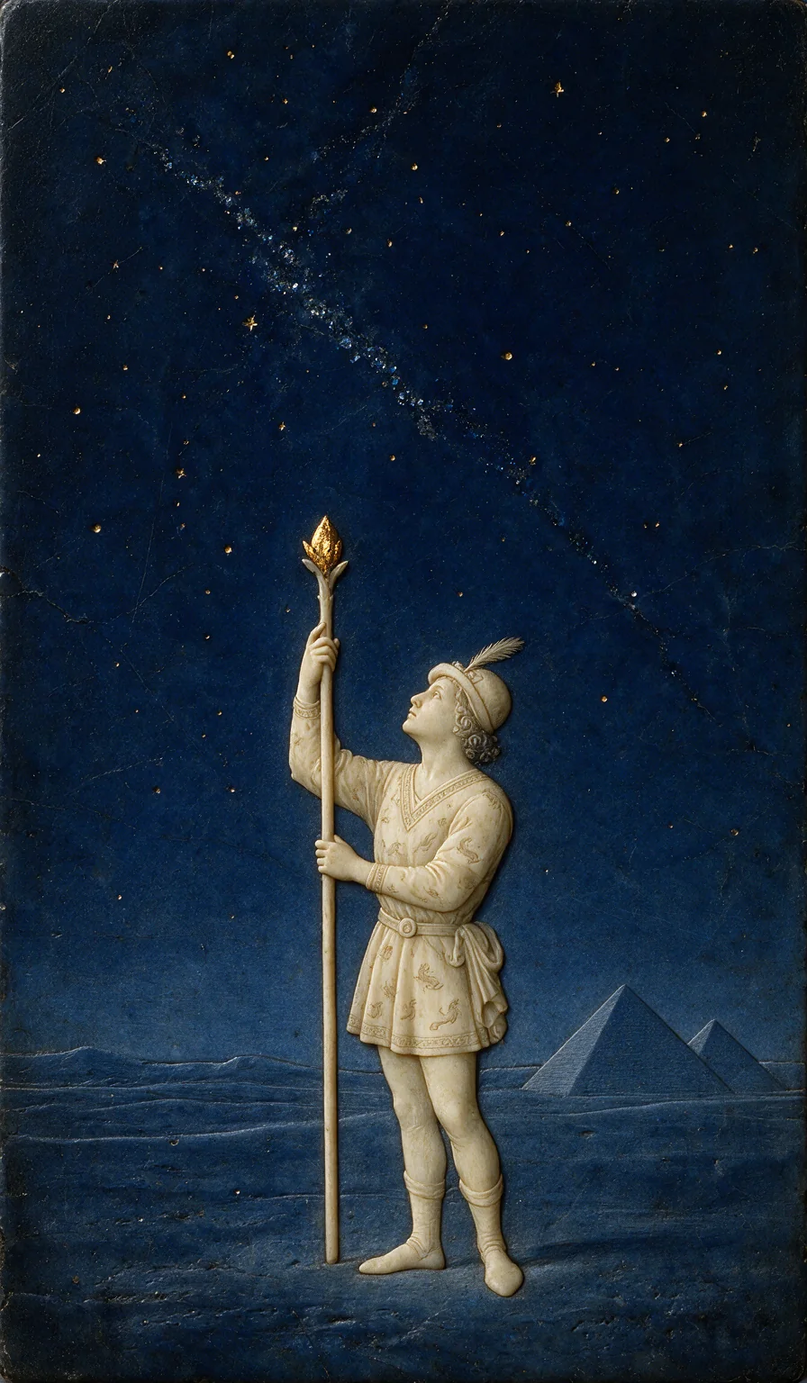 Page of Wands, from the Olivia Arcana deck: carved ivory on lapis lazuli