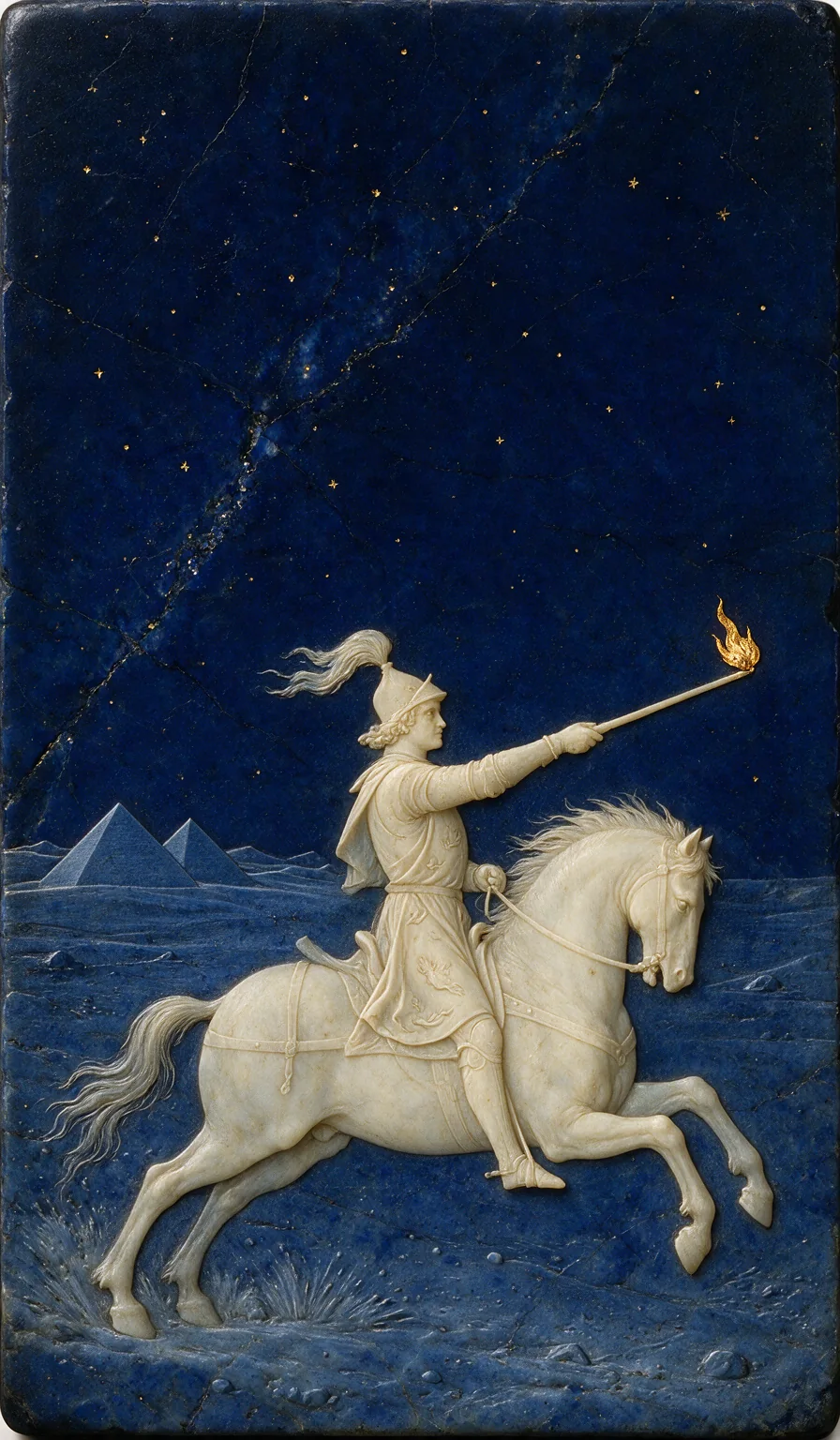 Knight of Wands, from the Olivia Arcana deck: carved ivory on lapis lazuli