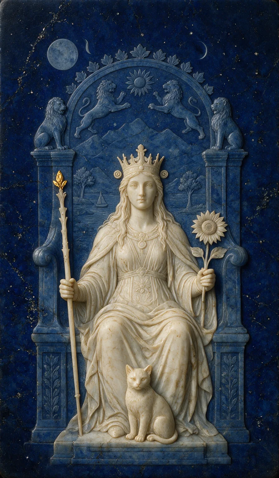 Queen of Wands, from the Olivia Arcana deck: carved ivory on lapis lazuli