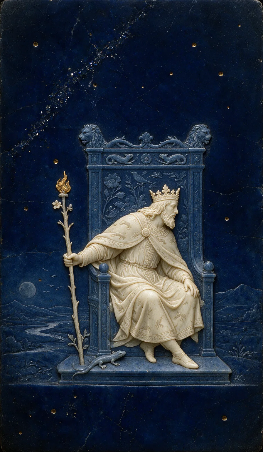 King of Wands, from the Olivia Arcana deck: carved ivory on lapis lazuli