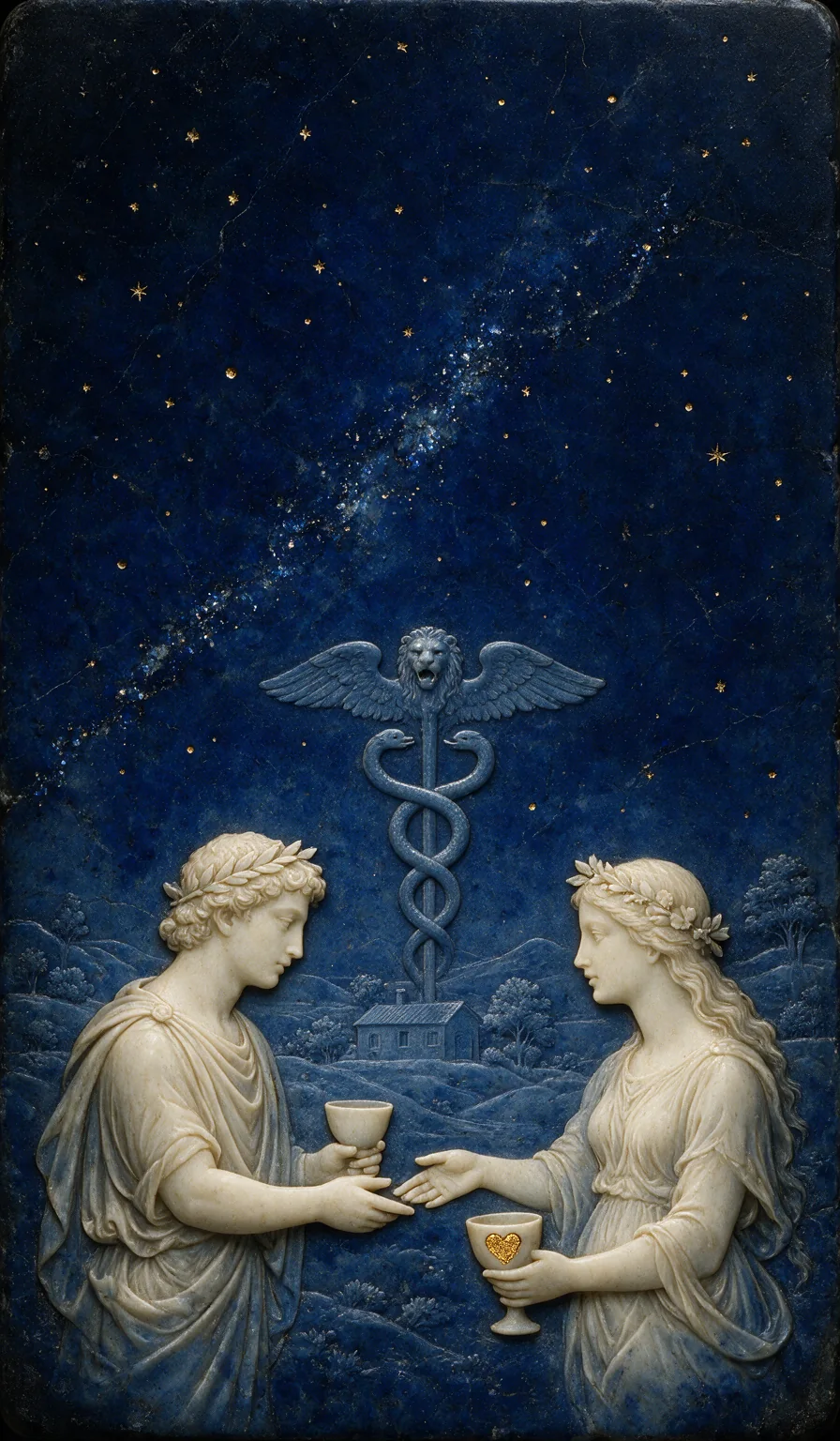 Two of Cups, from the Olivia Arcana deck: carved ivory on lapis lazuli