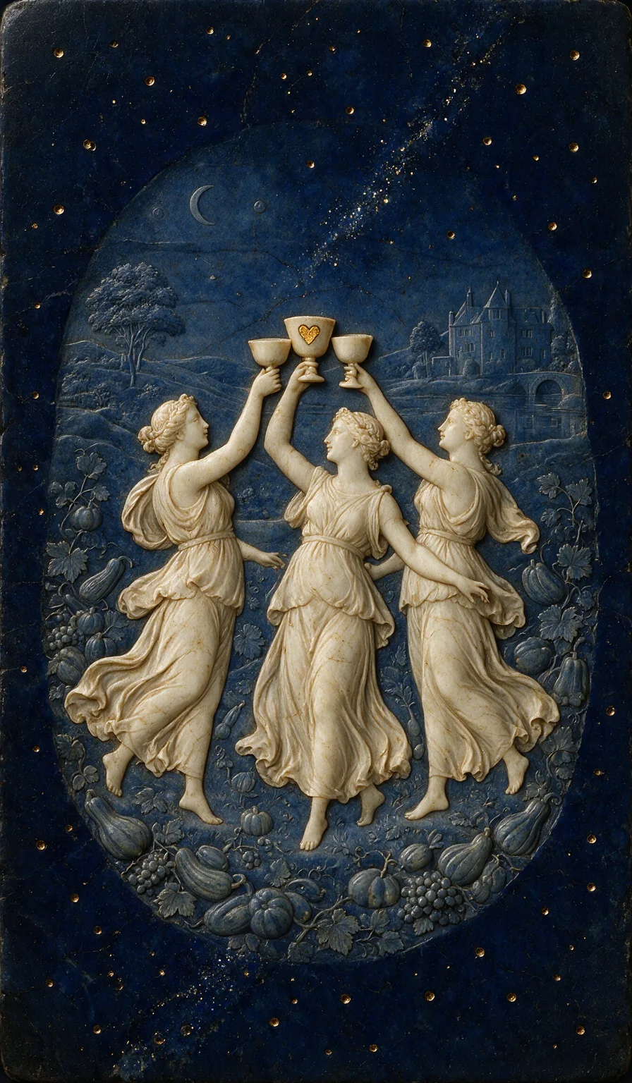 Three of Cups, from the Olivia Arcana deck: carved ivory on lapis lazuli