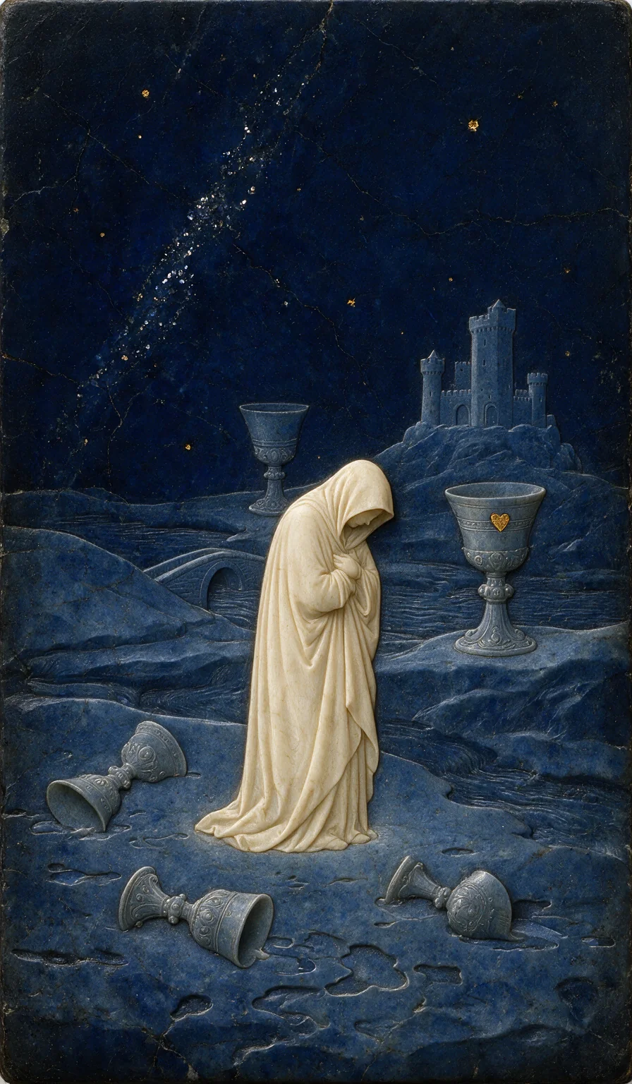 Five of Cups, from the Olivia Arcana deck: carved ivory on lapis lazuli
