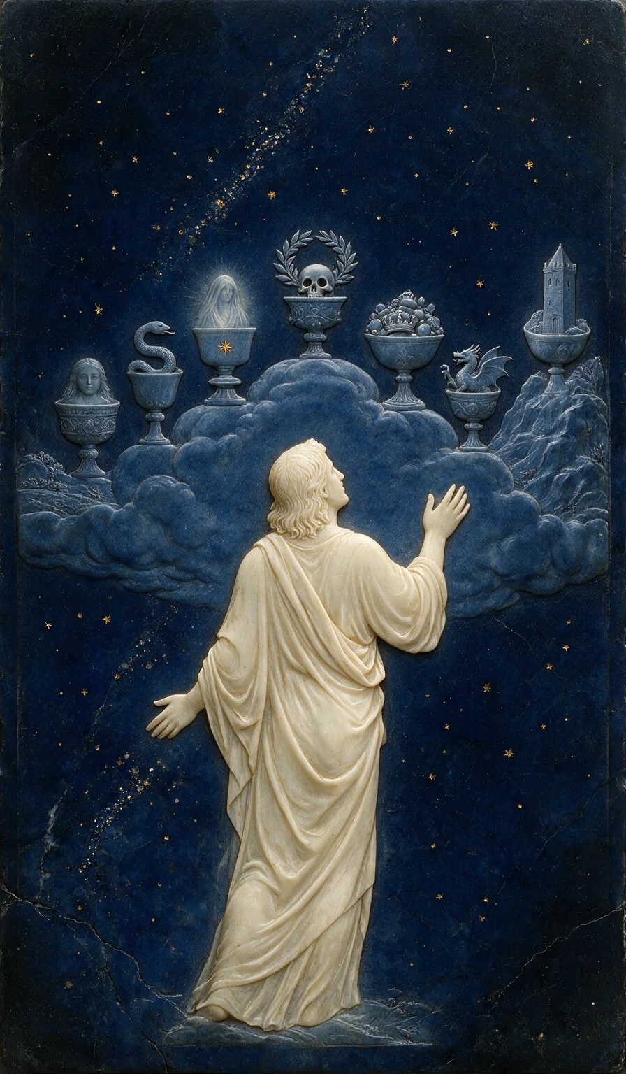 Seven of Cups, from the Olivia Arcana deck: carved ivory on lapis lazuli