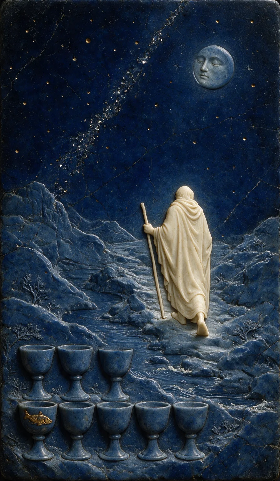 Eight of Cups, from the Olivia Arcana deck: carved ivory on lapis lazuli