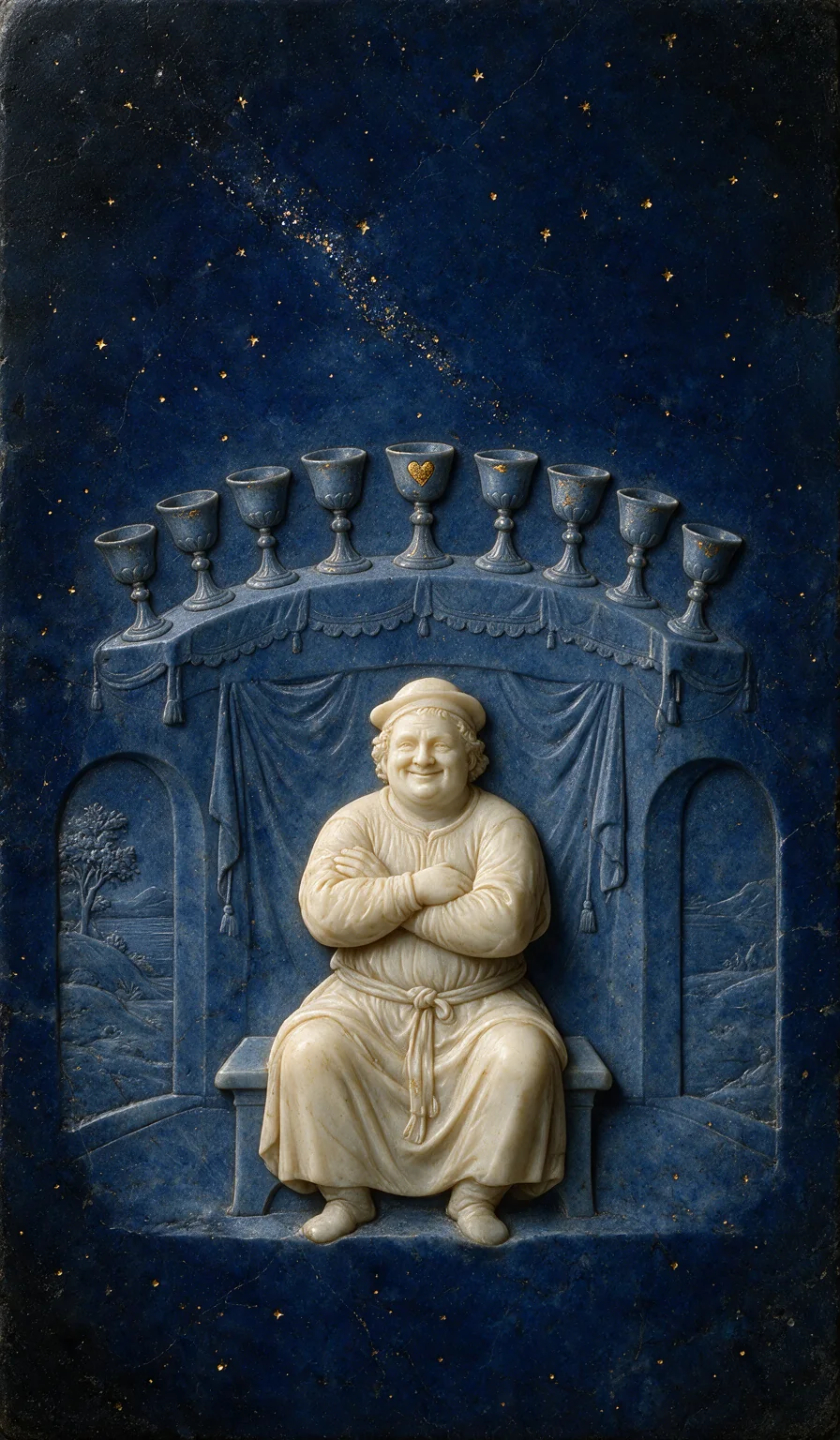 Nine of Cups, from the Olivia Arcana deck: carved ivory on lapis lazuli