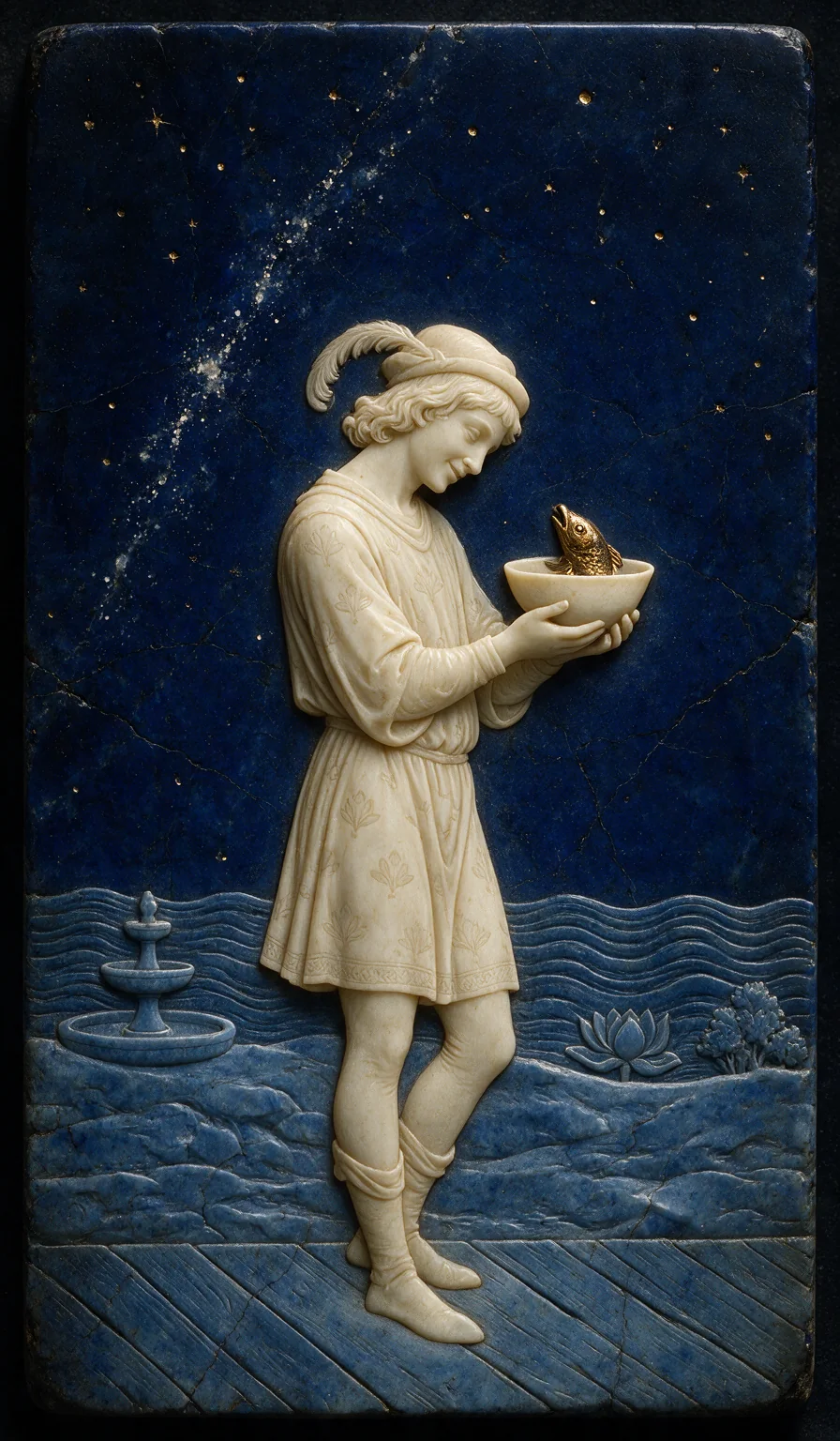 Page of Cups, from the Olivia Arcana deck: carved ivory on lapis lazuli