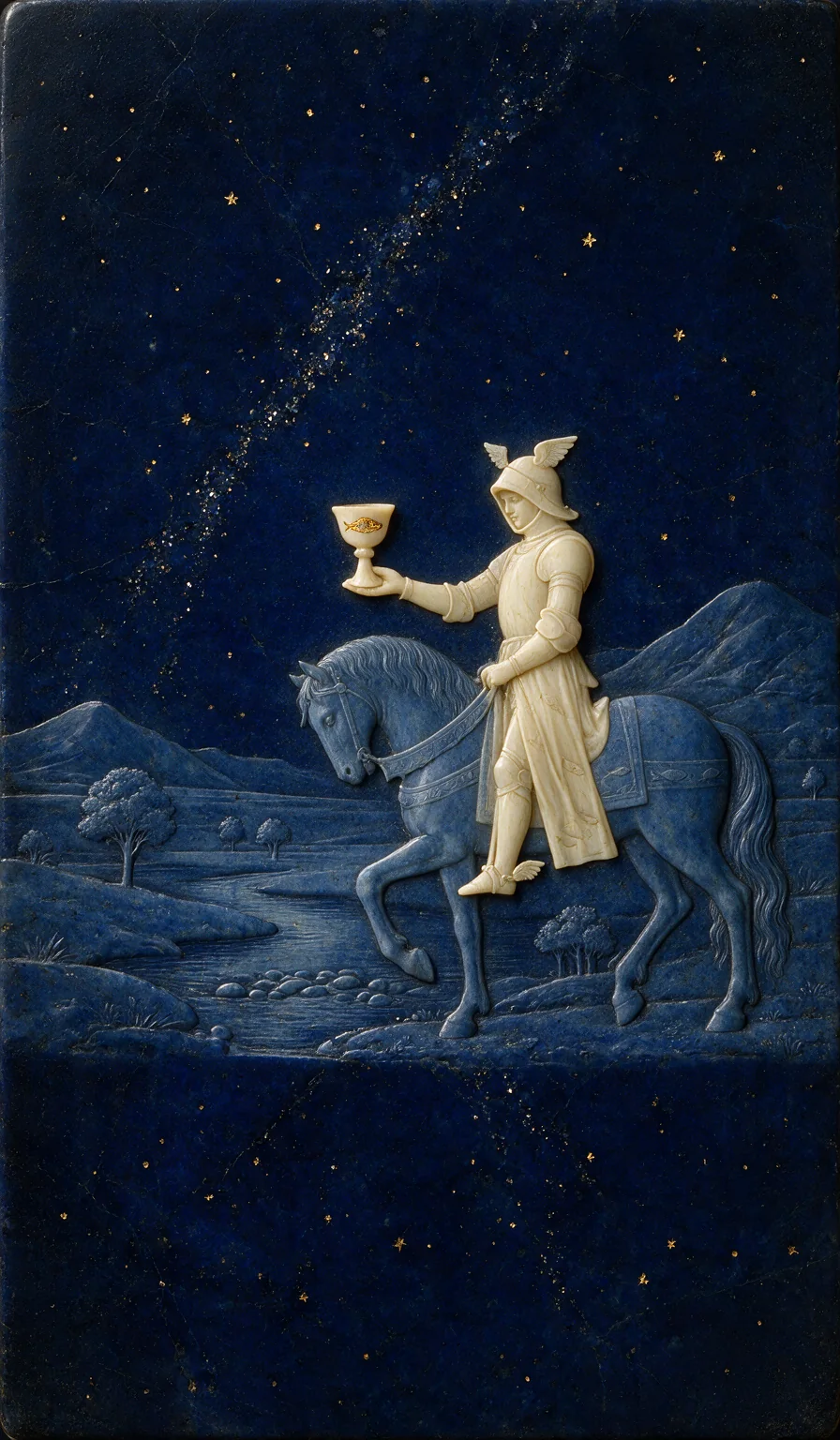 Knight of Cups, from the Olivia Arcana deck: carved ivory on lapis lazuli