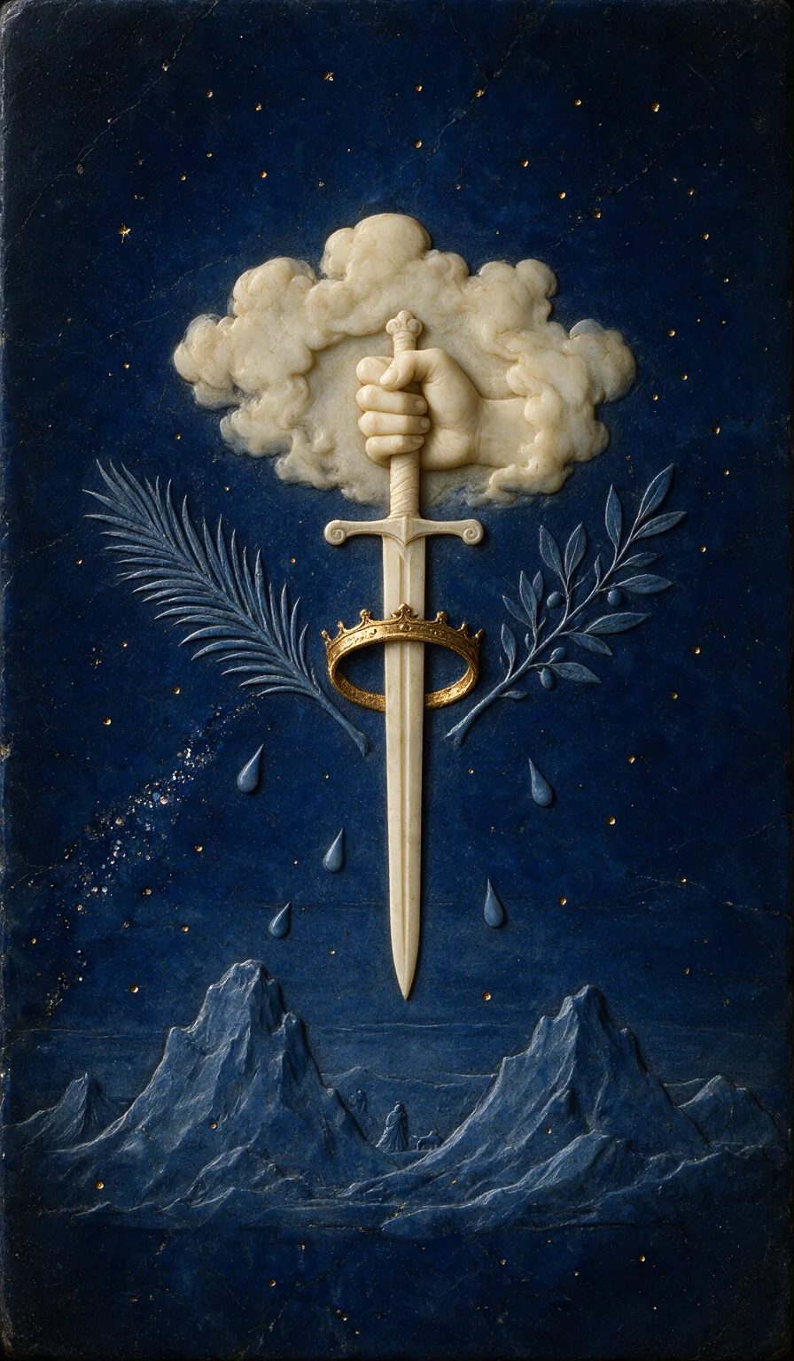 Ace of Swords, from the Olivia Arcana deck: carved ivory on lapis lazuli
