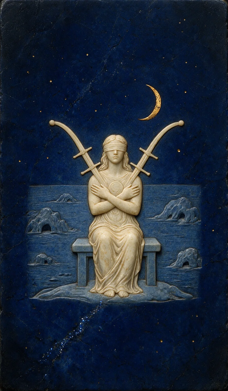 Two of Swords, from the Olivia Arcana deck: carved ivory on lapis lazuli