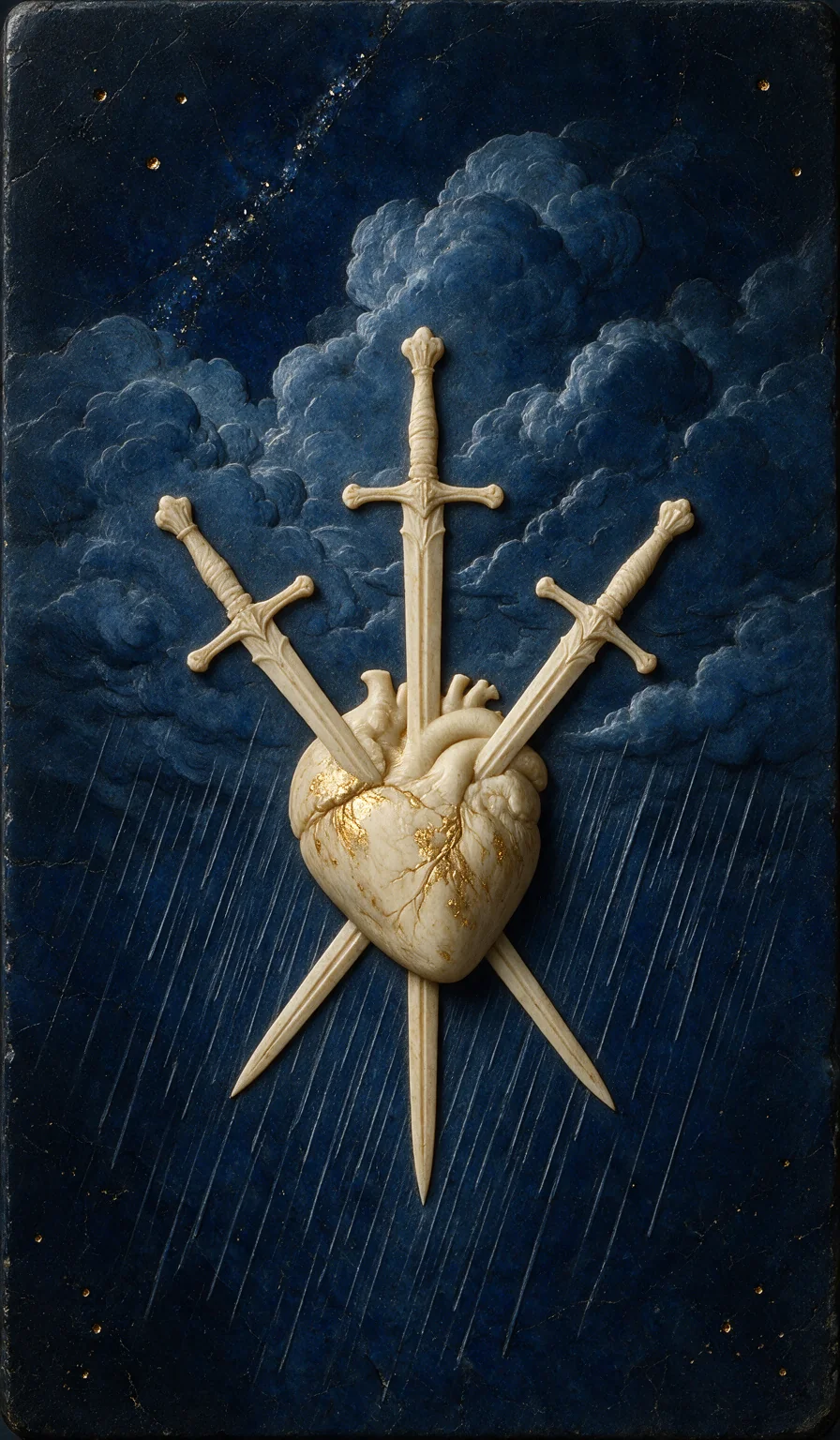 Three of Swords, from the Olivia Arcana deck: carved ivory on lapis lazuli