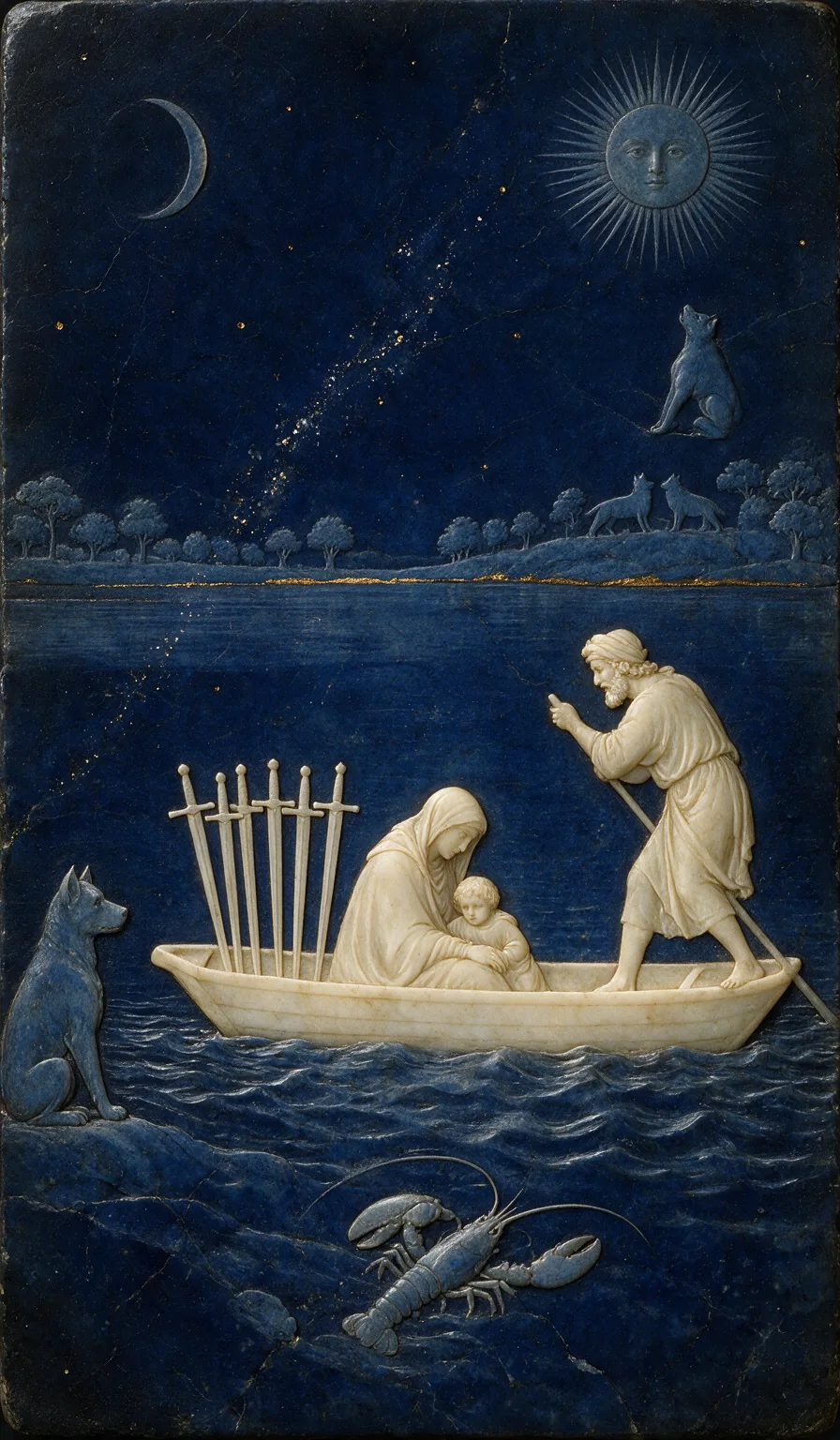 Six of Swords, from the Olivia Arcana deck: carved ivory on lapis lazuli