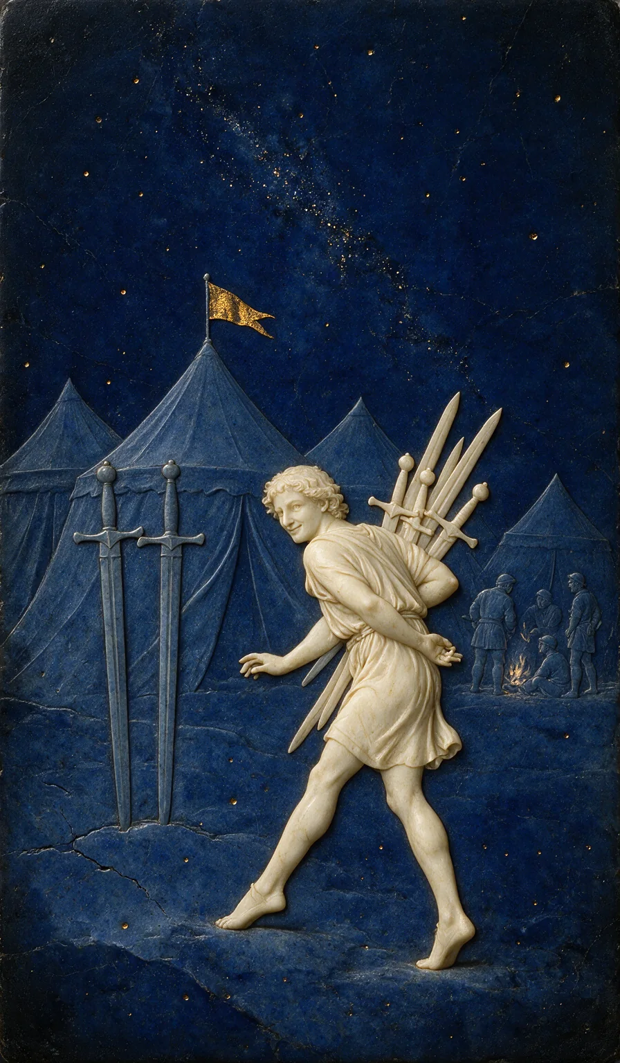 Seven of Swords, from the Olivia Arcana deck: carved ivory on lapis lazuli