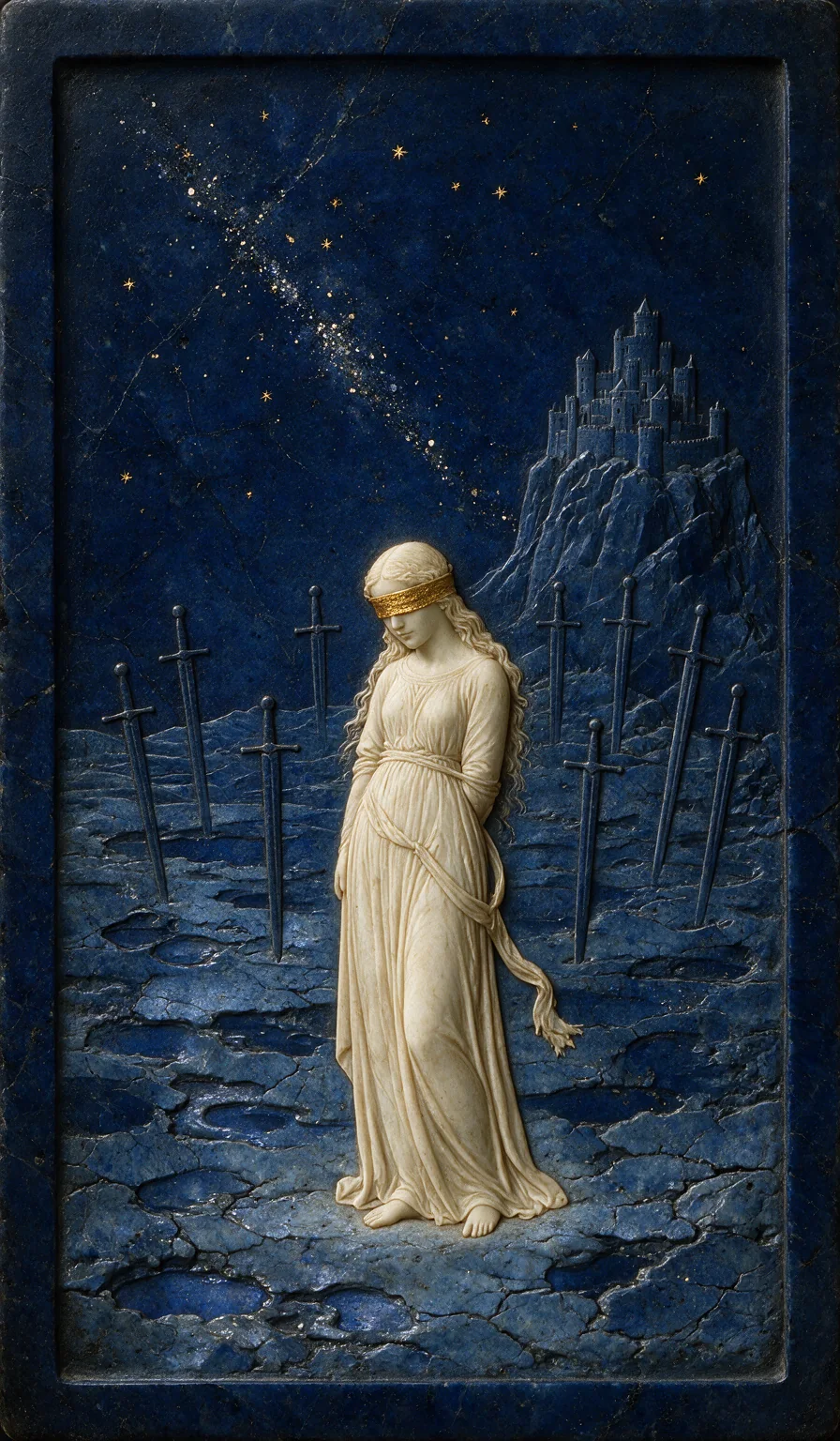 Eight of Swords, from the Olivia Arcana deck: carved ivory on lapis lazuli