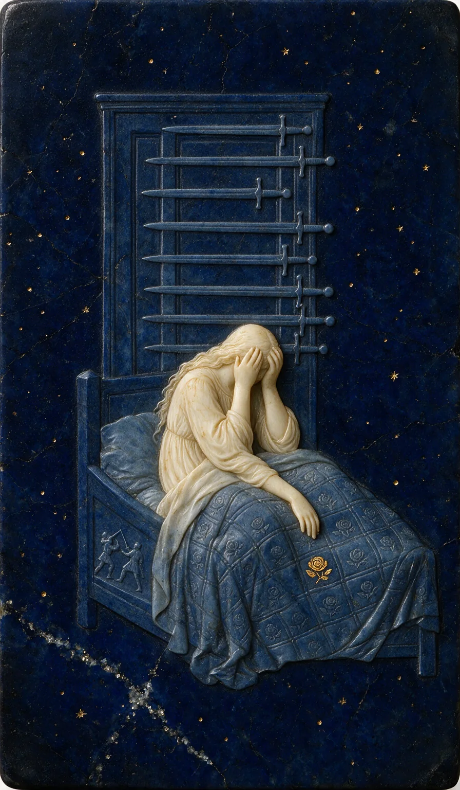 Nine of Swords, from the Olivia Arcana deck: carved ivory on lapis lazuli