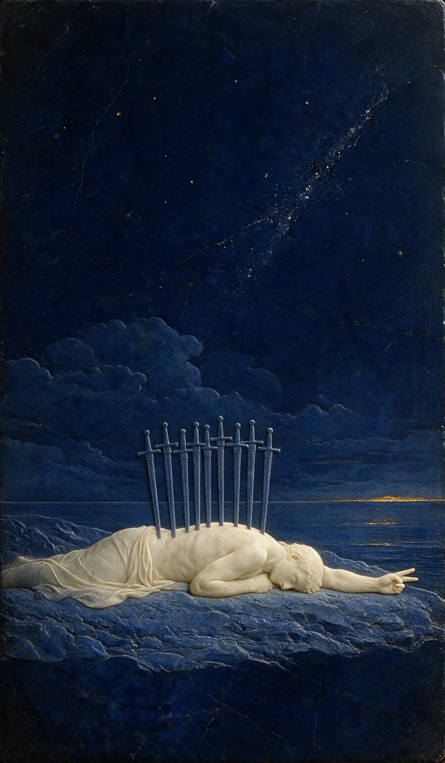 Ten of Swords, from the Olivia Arcana deck: carved ivory on lapis lazuli