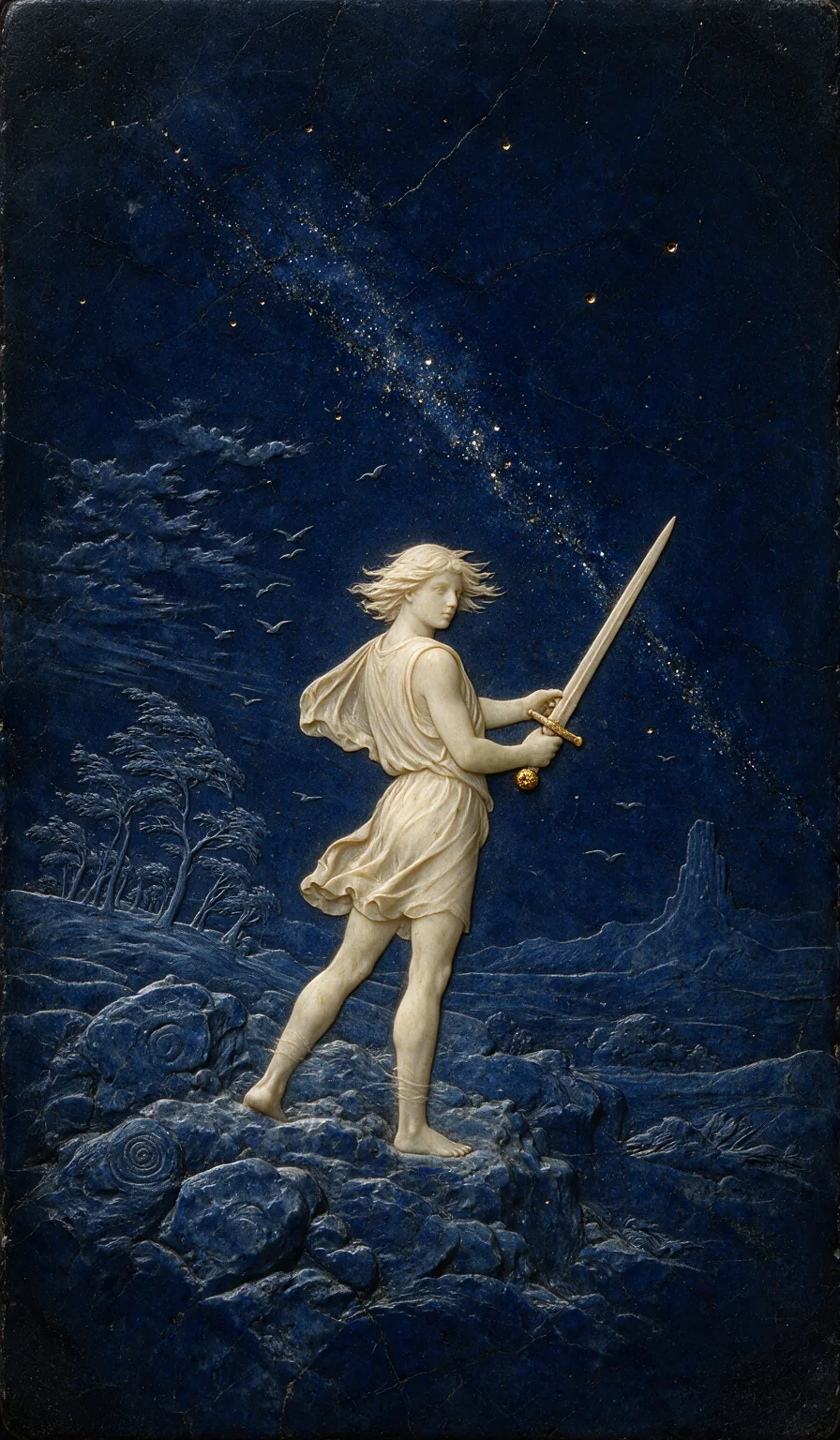 Page of Swords, from the Olivia Arcana deck: carved ivory on lapis lazuli