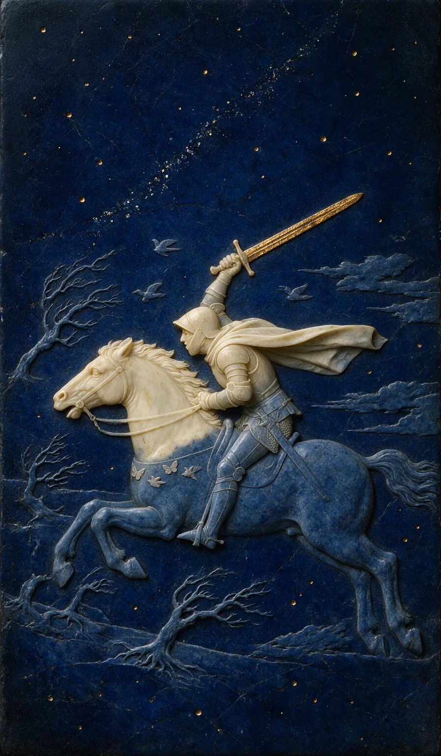 Knight of Swords, from the Olivia Arcana deck: carved ivory on lapis lazuli