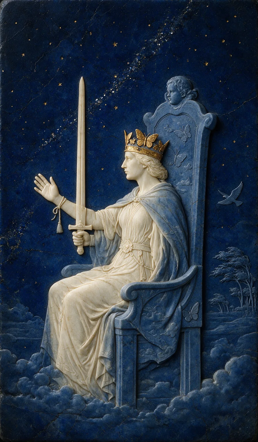 Queen of Swords, from the Olivia Arcana deck: carved ivory on lapis lazuli