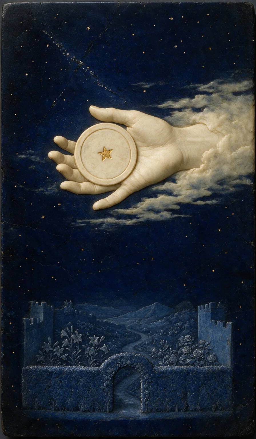 Ace of Pentacles, from the Olivia Arcana deck: carved ivory on lapis lazuli