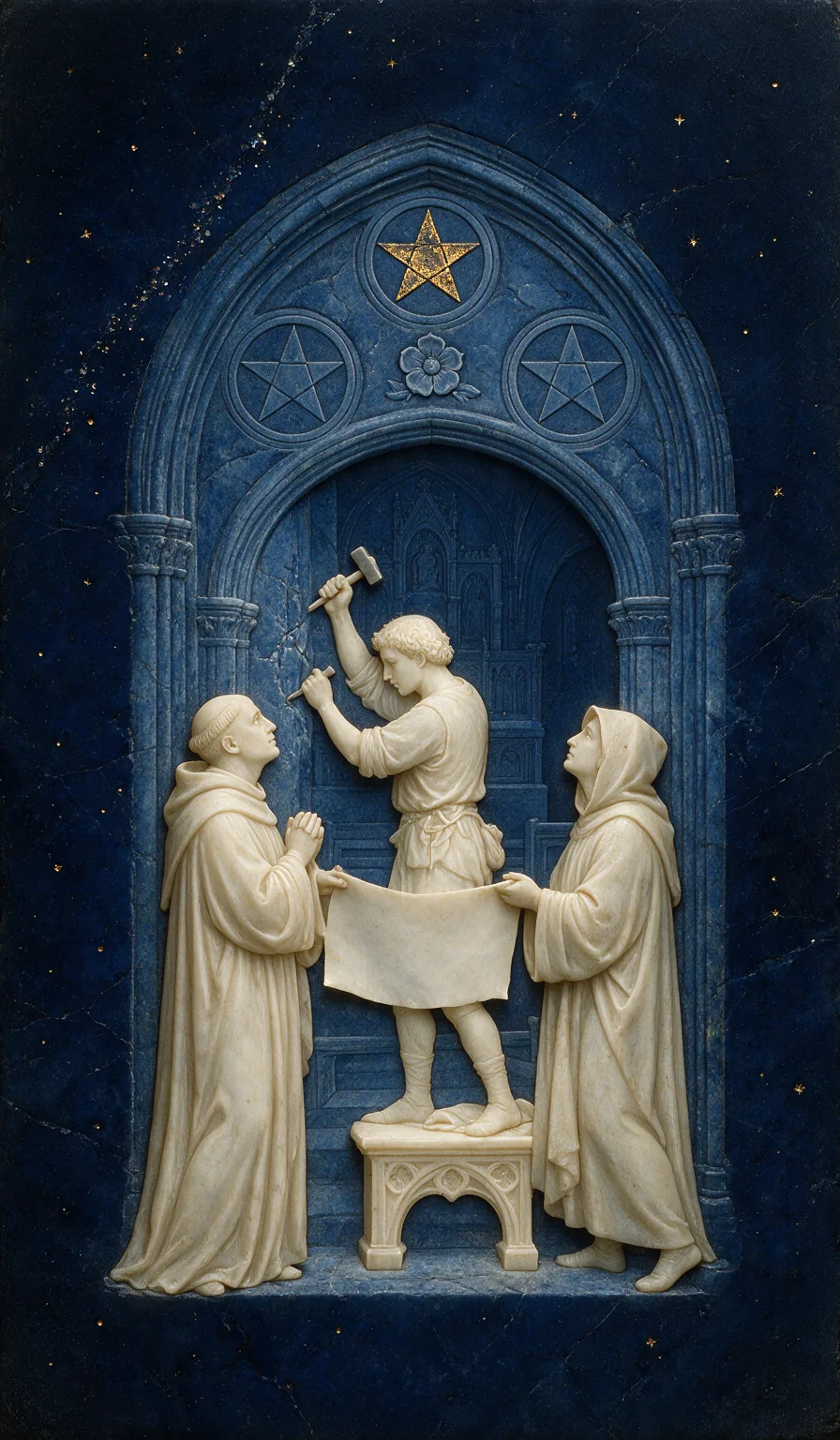Three of Pentacles, from the Olivia Arcana deck: carved ivory on lapis lazuli