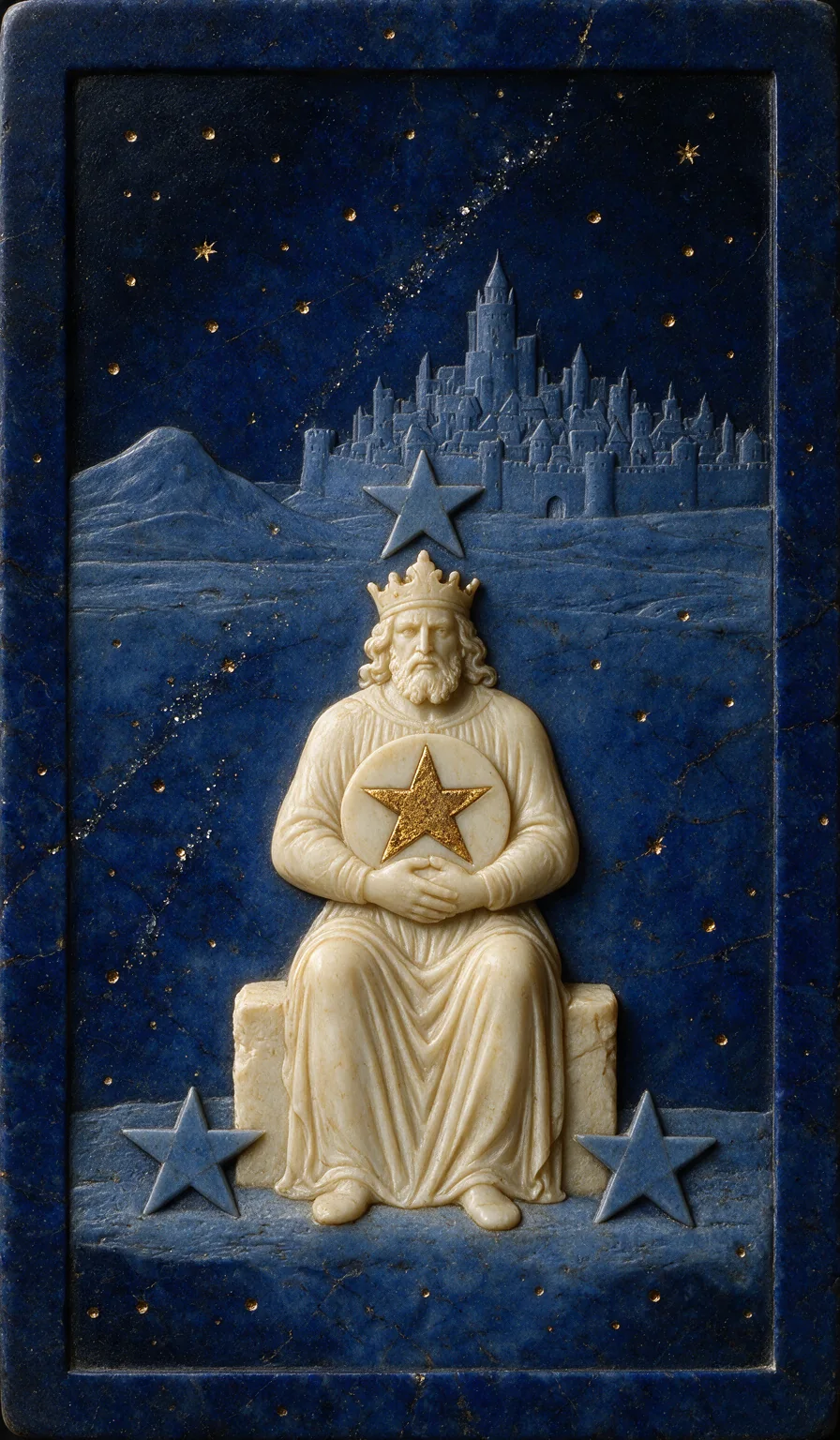 Four of Pentacles, from the Olivia Arcana deck: carved ivory on lapis lazuli