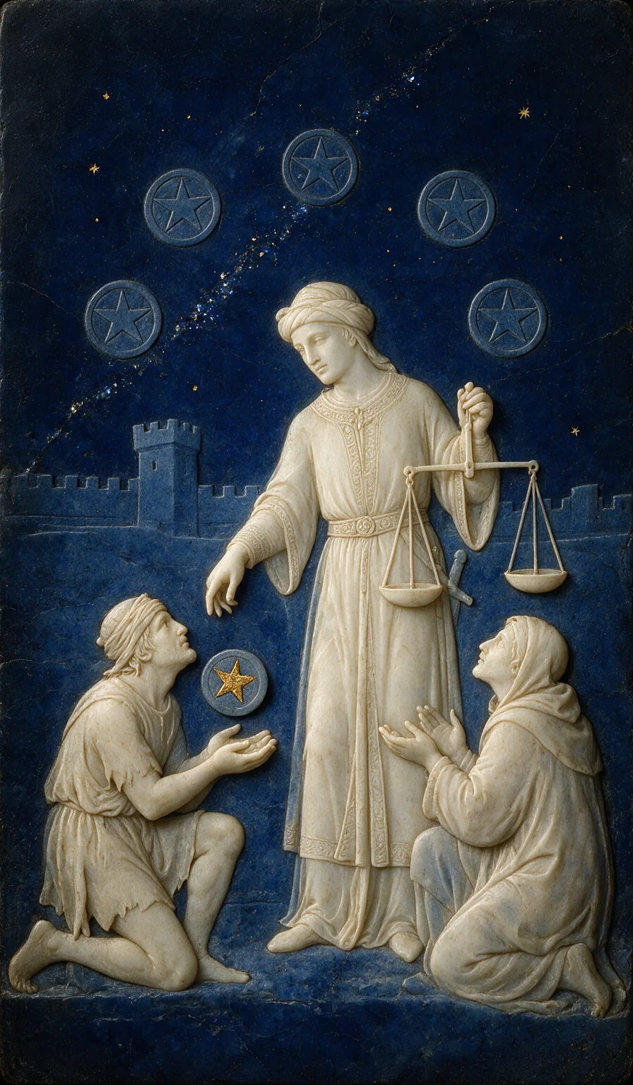 Six of Pentacles, from the Olivia Arcana deck: carved ivory on lapis lazuli