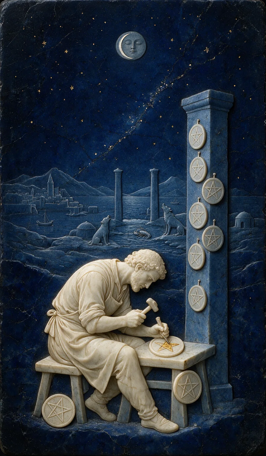 Eight of Pentacles, from the Olivia Arcana deck: carved ivory on lapis lazuli