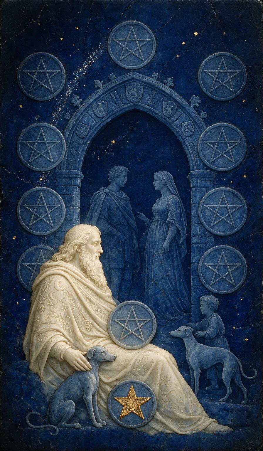Ten of Pentacles, from the Olivia Arcana deck: carved ivory on lapis lazuli
