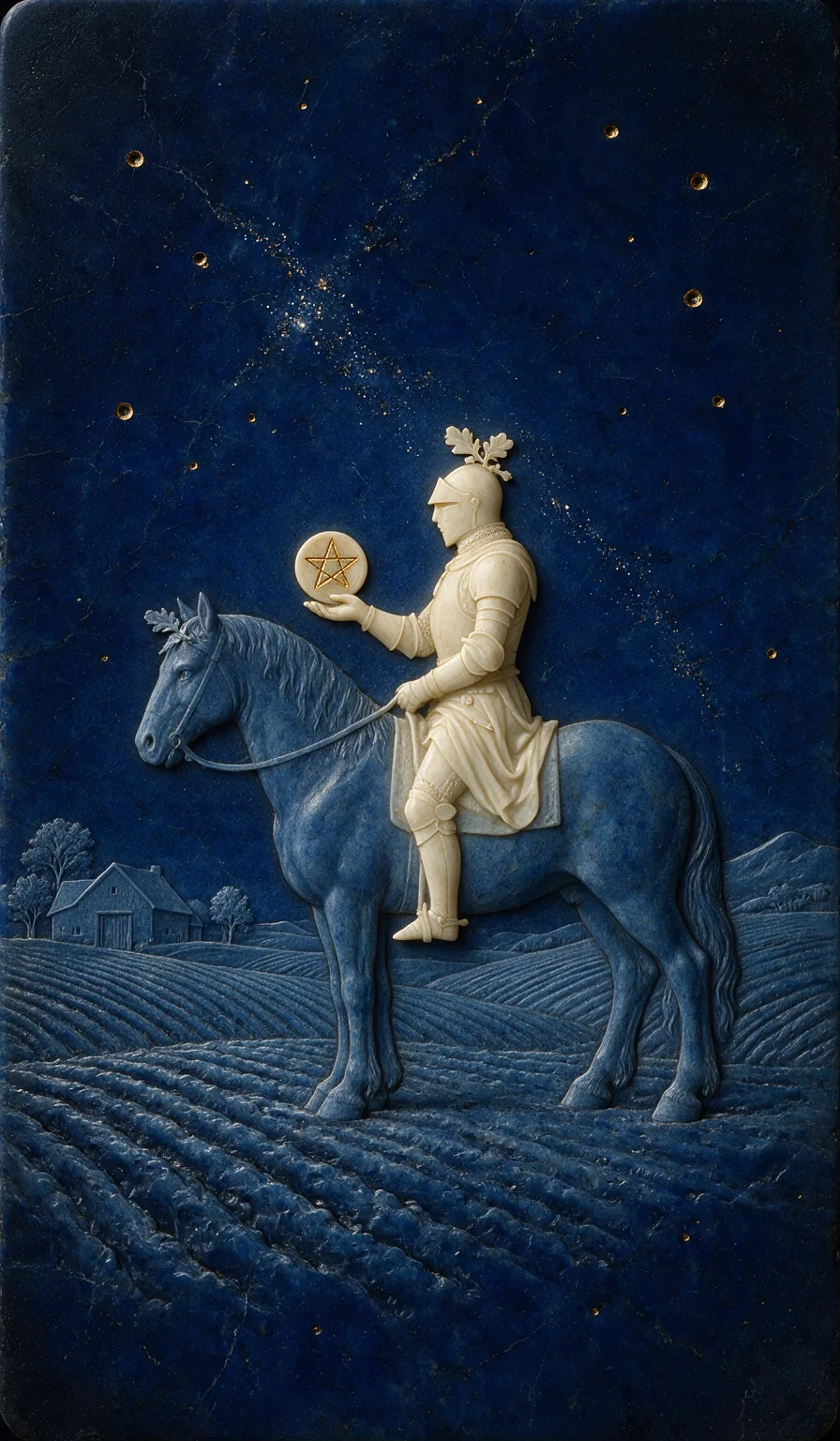 Knight of Pentacles, from the Olivia Arcana deck: carved ivory on lapis lazuli