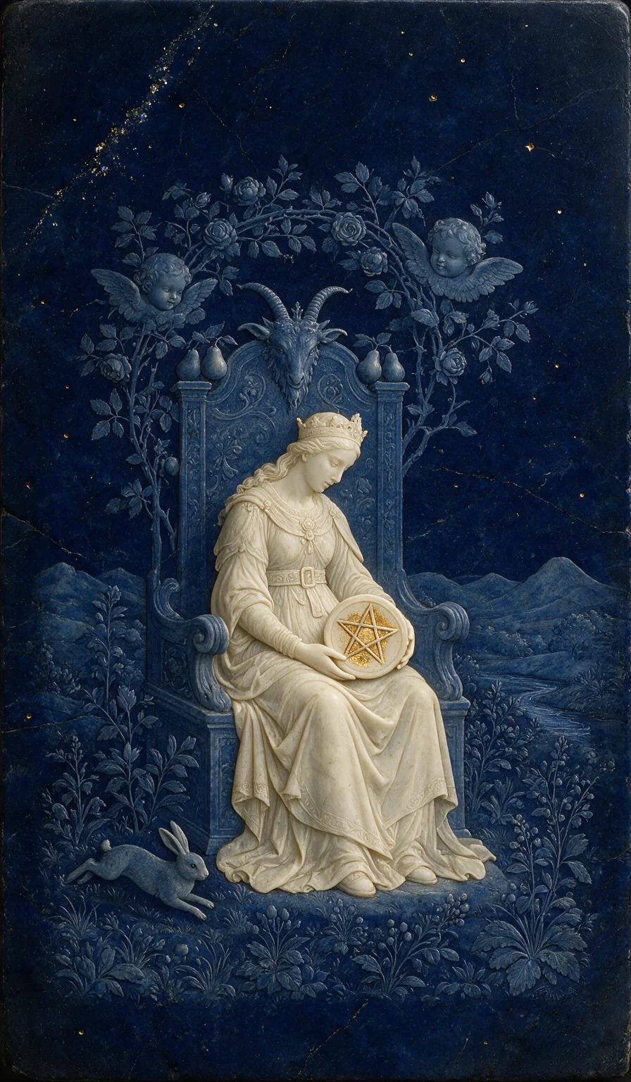 Queen of Pentacles, from the Olivia Arcana deck: carved ivory on lapis lazuli