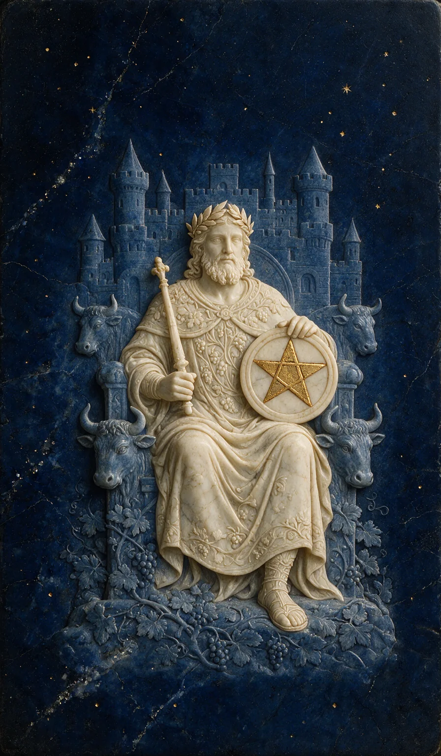 King of Pentacles, from the Olivia Arcana deck: carved ivory on lapis lazuli