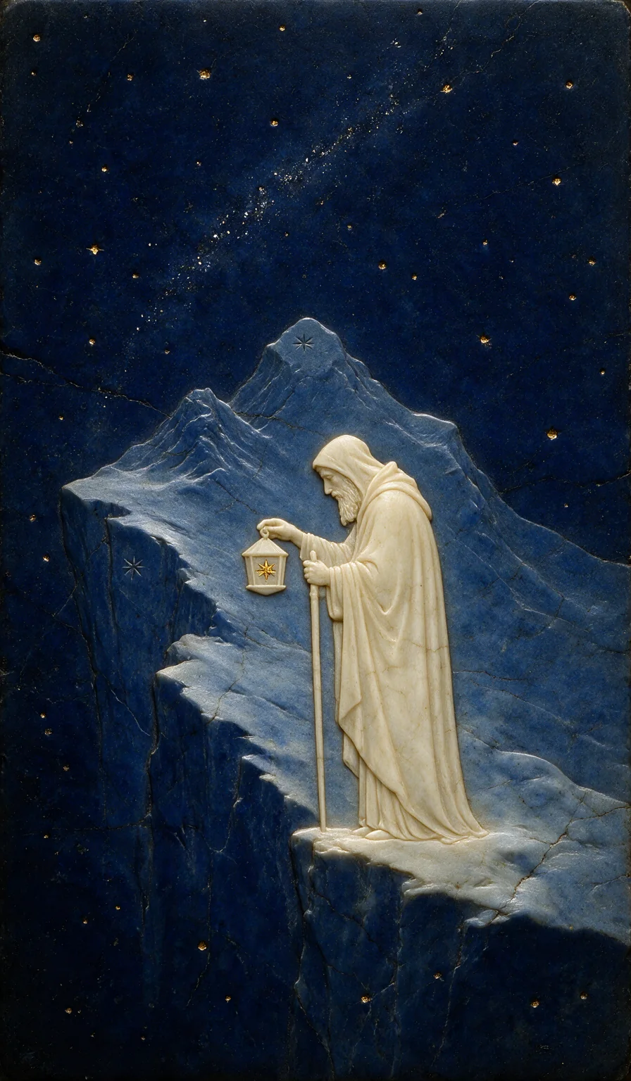 The Hermit, an ivory figure carrying a lantern against lapis blue